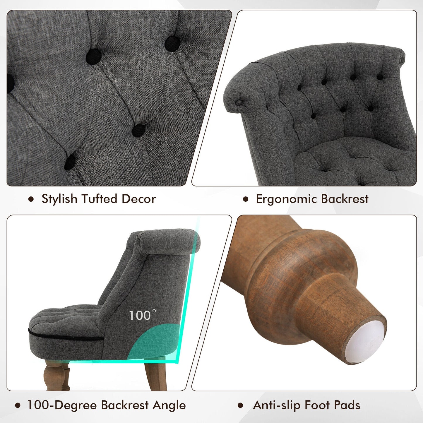 Set of 2 Tufted Upholstered Slipper Chairs with Beech Wood Legs and Curved Wingback Design