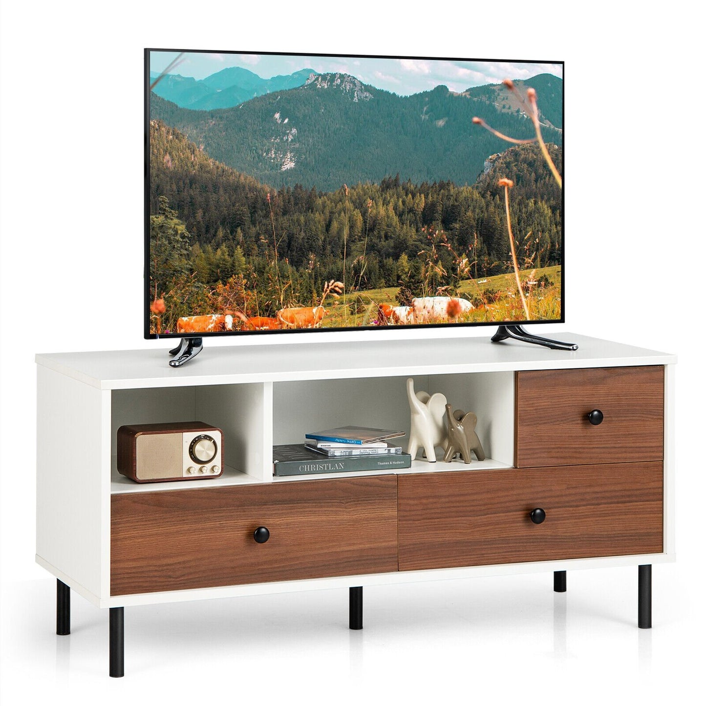 Modern TV Stand for TVs up to 50 Inches with 3 Storage Drawers and 2 Open Cubbies