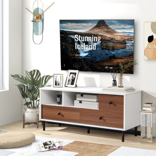 Modern TV Stand for TVs up to 50 Inches with 3 Storage Drawers and 2 Open Cubbies