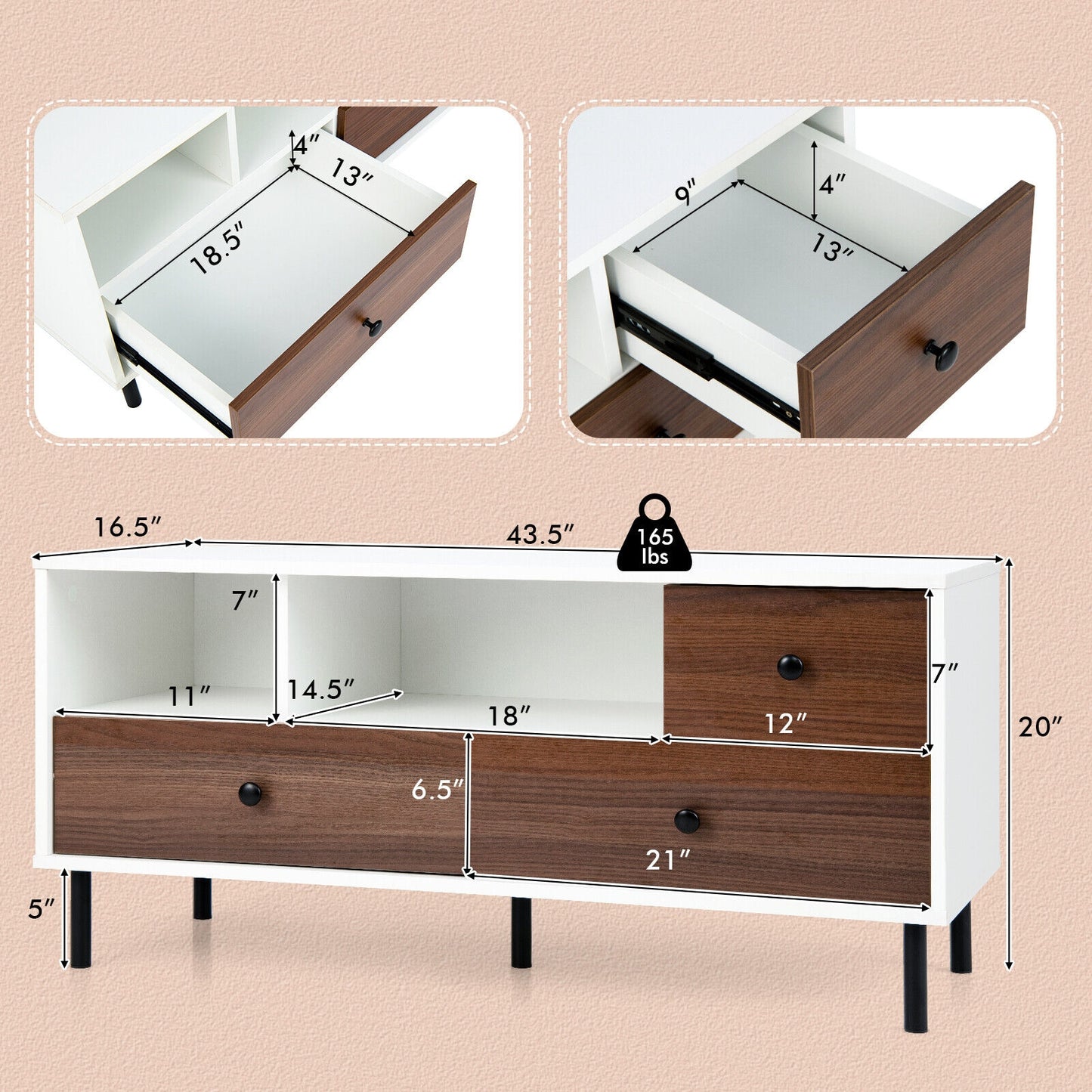 Modern TV Stand for TVs up to 50 Inches with 3 Storage Drawers and 2 Open Cubbies