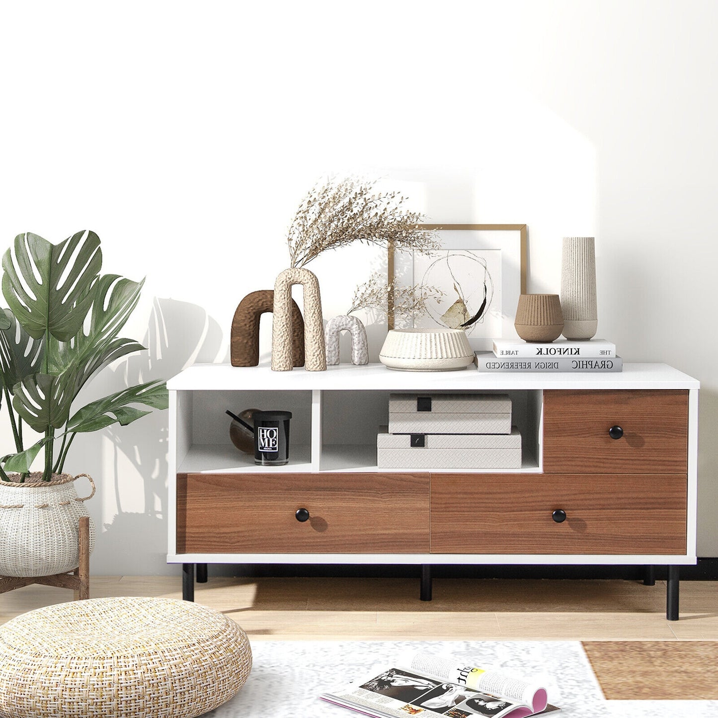 Modern TV Stand for TVs up to 50 Inches with 3 Storage Drawers and 2 Open Cubbies