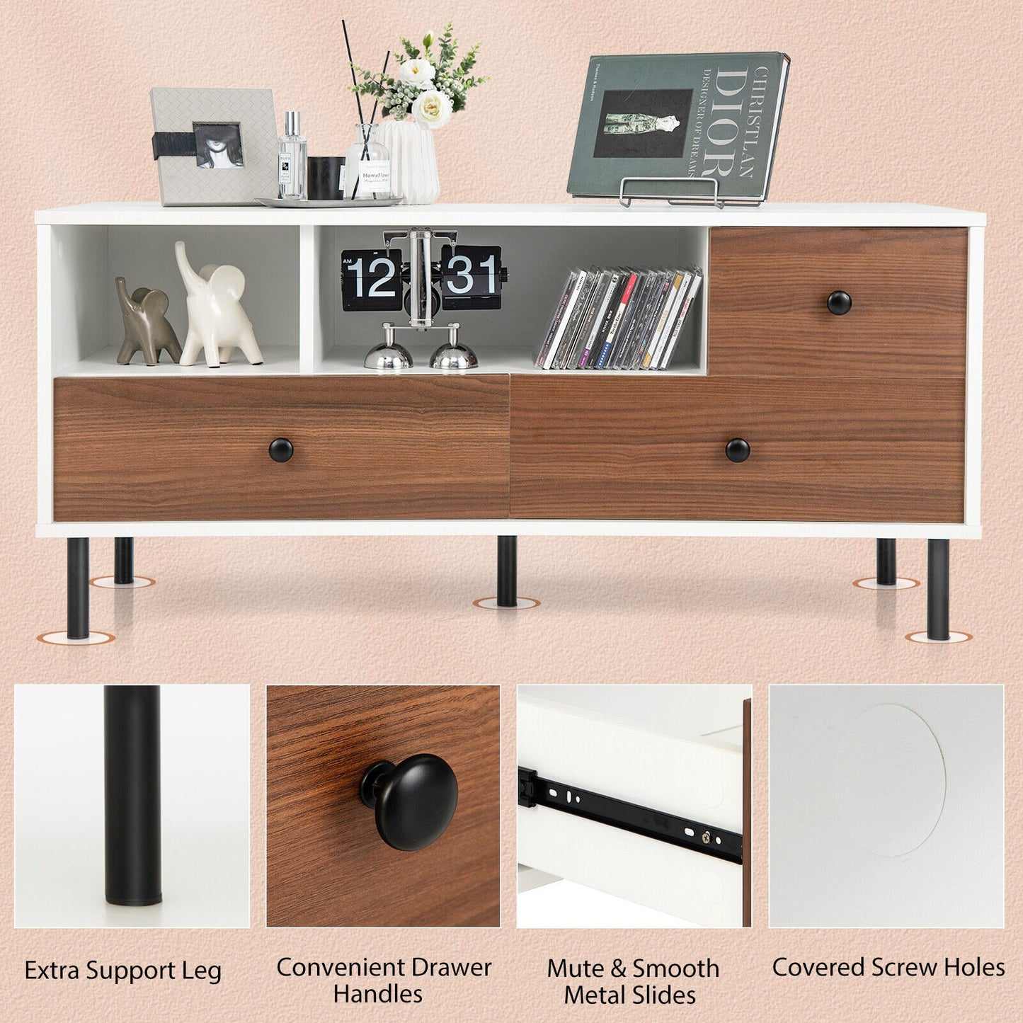 Modern TV Stand for TVs up to 50 Inches with 3 Storage Drawers and 2 Open Cubbies