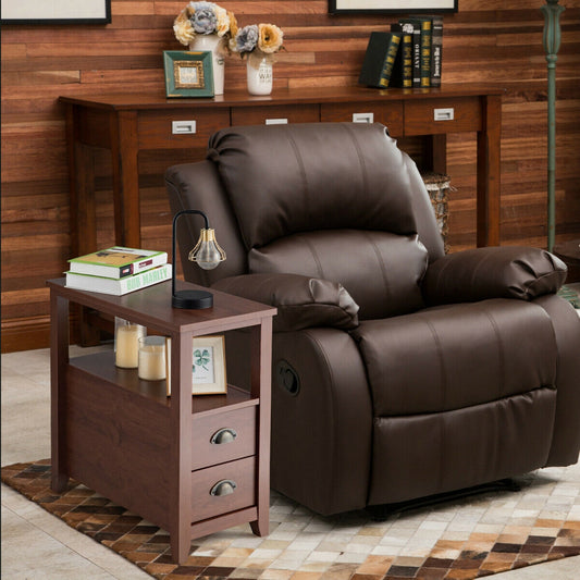 Modern Wooden Bedside Table with Storage Drawers and Display Shelf in Brown
