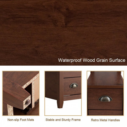 Modern Wooden Bedside Table with Storage Drawers and Display Shelf in Brown