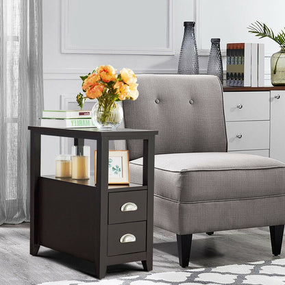 Modern Wooden Bedside Table with Storage Drawers and Display Shelf in Dark Brown