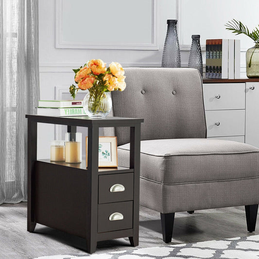 Modern Wooden Bedside Table with Storage Drawers and Display Shelf in Dark Brown