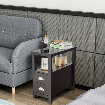 Modern Wooden Bedside Table with Storage Drawers and Display Shelf in Dark Brown