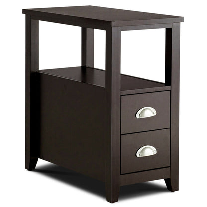Modern Wooden Bedside Table with Storage Drawers and Display Shelf in Dark Brown