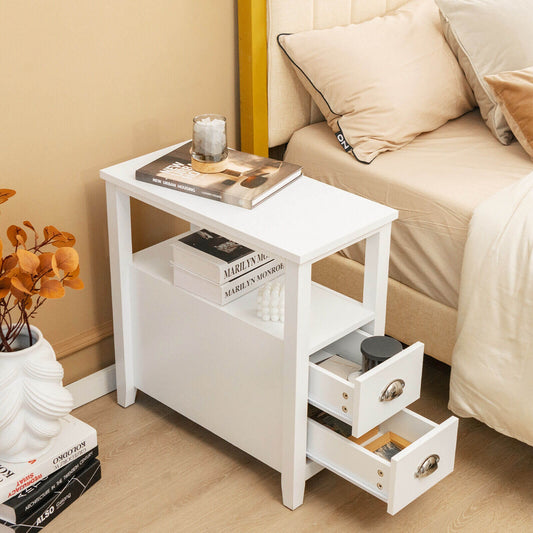 Modern Wooden Bedside Table with Storage Drawers and Display Shelf in White