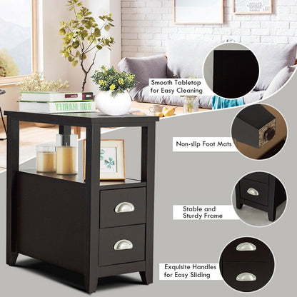 Modern Wooden Bedside Table with Storage Drawers and Display Shelf in Dark Brown