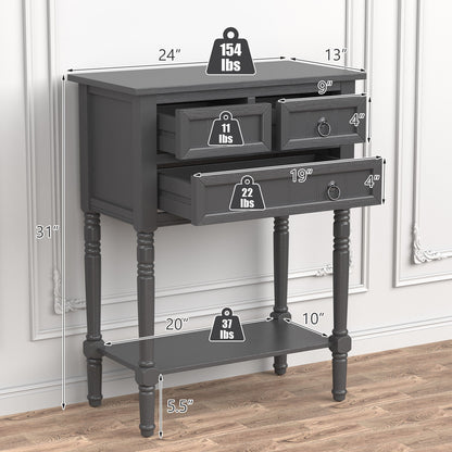 3 Drawer Narrow Console Table with Open Bottom Shelf for Compact Storage - Dark Grey