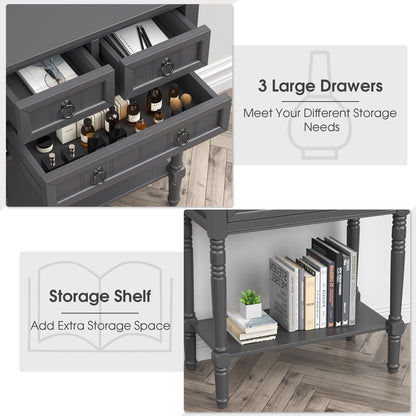 3 Drawer Narrow Console Table with Open Bottom Shelf for Compact Storage - Dark Grey