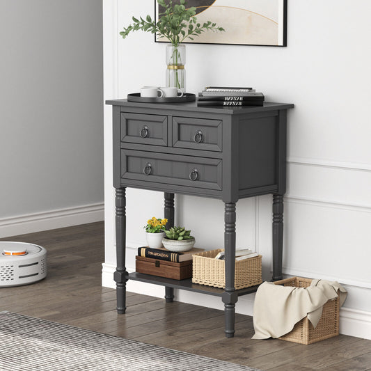 3 Drawer Narrow Console Table with Open Bottom Shelf for Compact Storage - Dark Grey