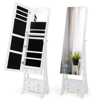 Freestanding Jewelry Armoire with Full-Length LED Mirror and 6 Storage Drawers – White
