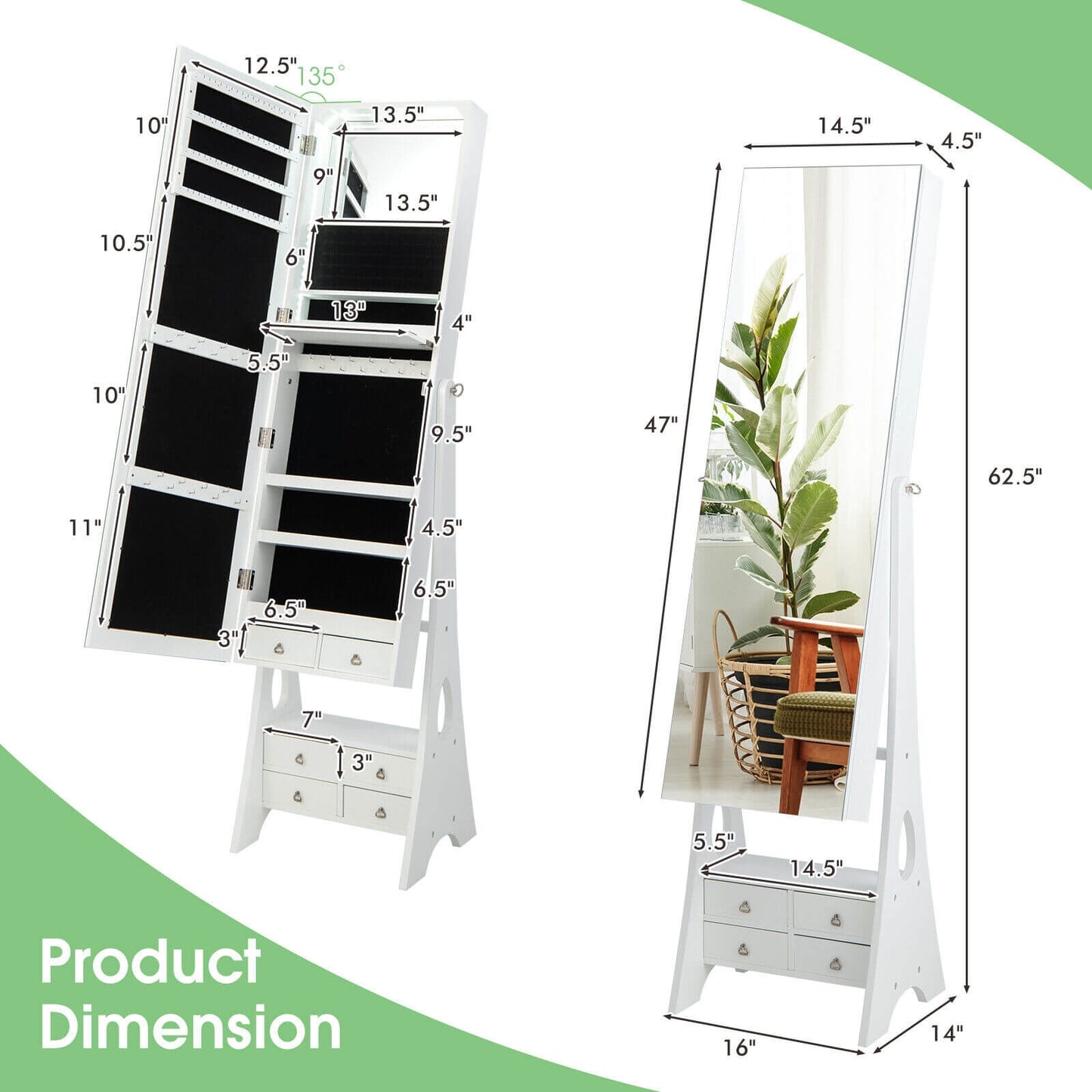 Freestanding Jewelry Armoire with Full-Length LED Mirror and 6 Storage Drawers – White