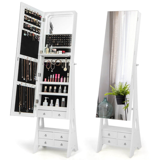 Freestanding Jewelry Armoire with Full-Length LED Mirror and 6 Storage Drawers – White