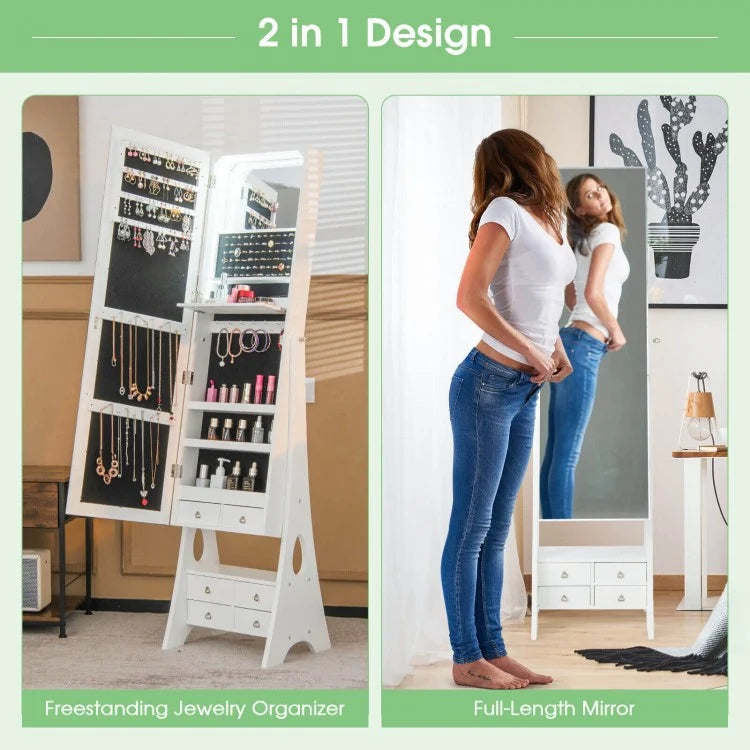 Freestanding Jewelry Armoire with Full-Length LED Mirror and 6 Storage Drawers – White