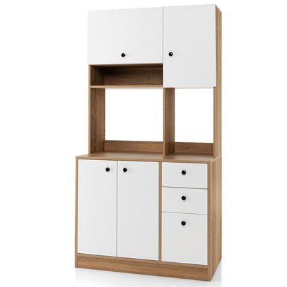 Tall Kitchen Pantry Cabinet with 3 Storage Cabinets 3 Drawers Adjustable Shelves and Countertop - White