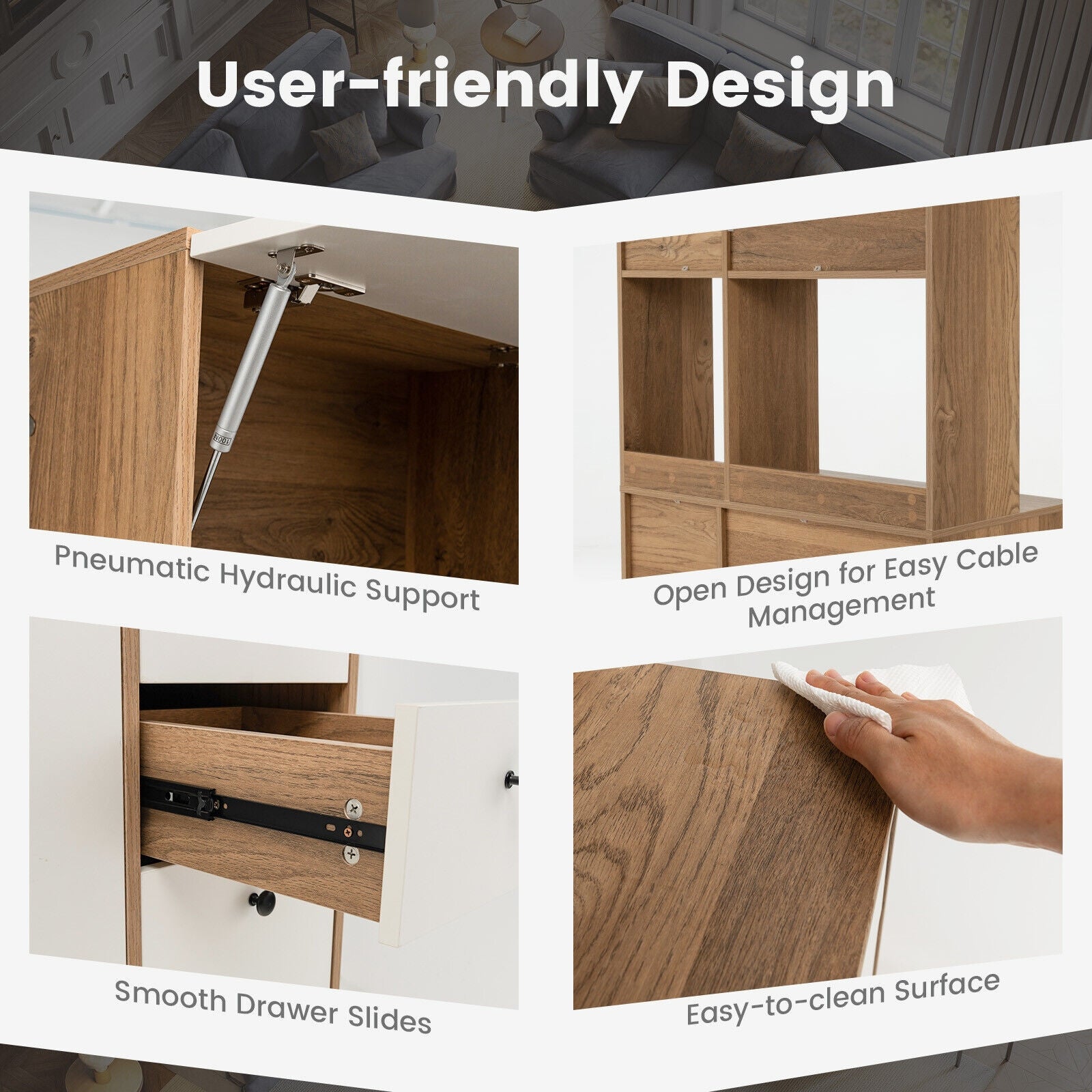 Collage of features including pneumatic hydraulic support, open design for cable management, smooth drawer slides, and easy-to-clean surface on a wooden cabinet.