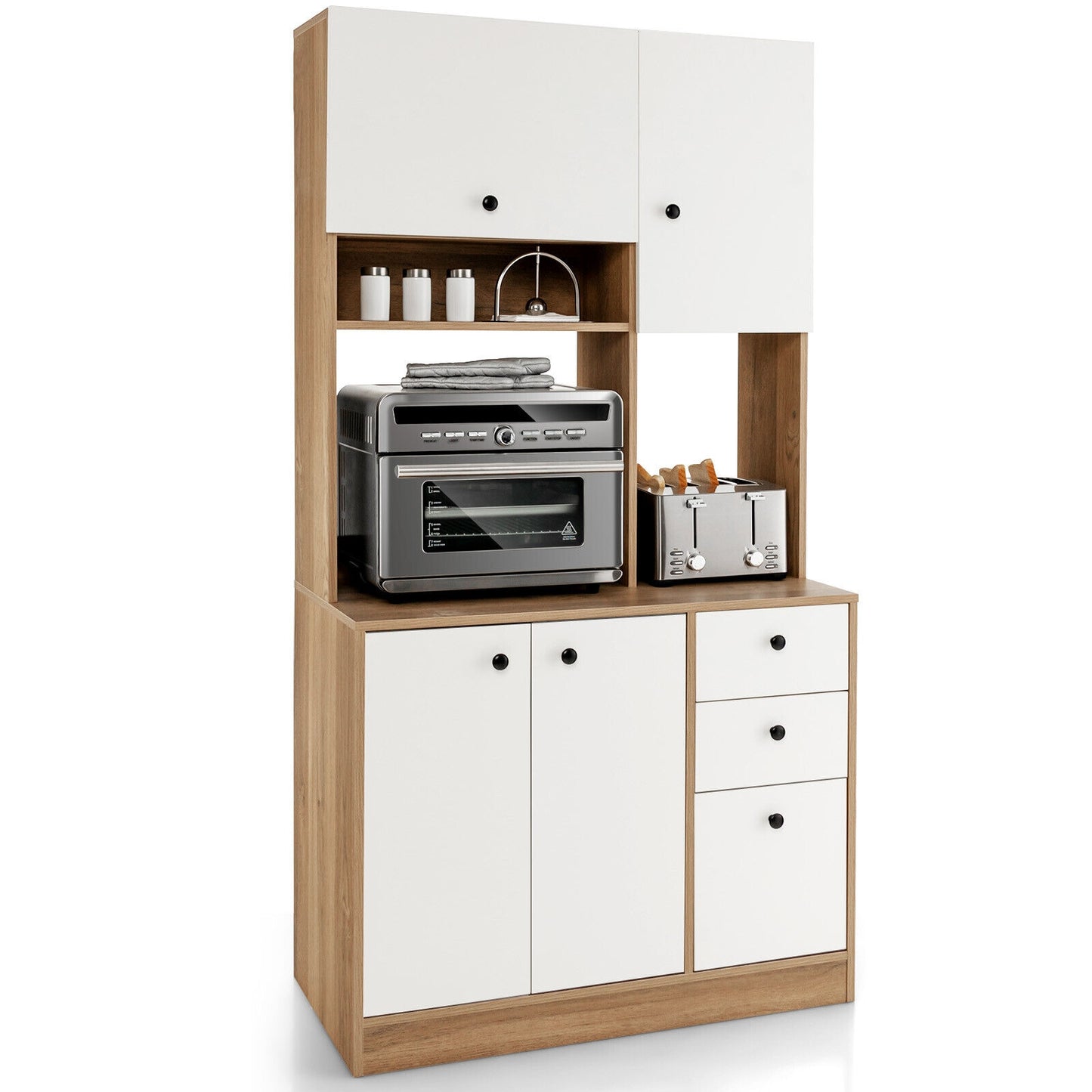 Tall Kitchen Pantry Cabinet with 3 Storage Cabinets 3 Drawers Adjustable Shelves and Countertop - White