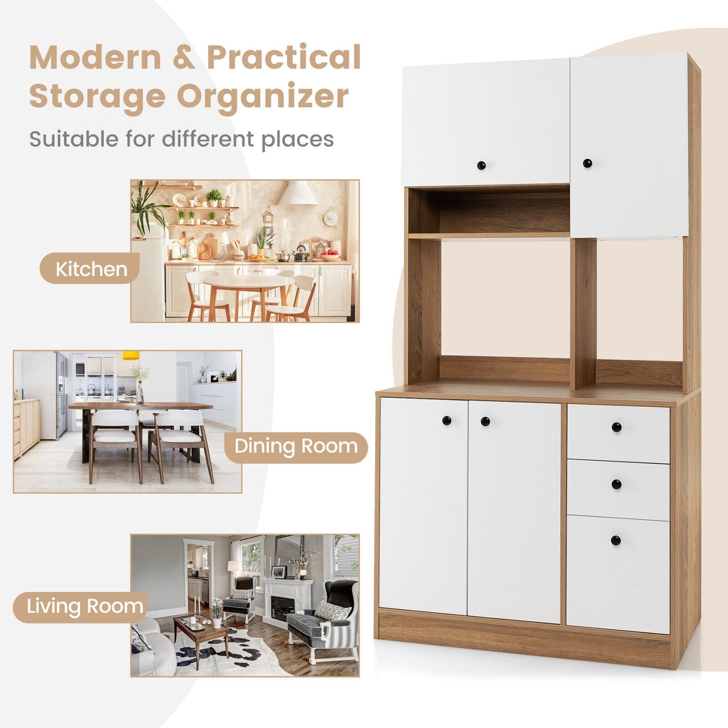Tall Kitchen Pantry Cabinet with 3 Storage Cabinets 3 Drawers Adjustable Shelves and Countertop - White