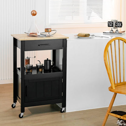Rolling Kitchen Island Cart with Drawer Cabinet Shelf and Side Hooks - Black