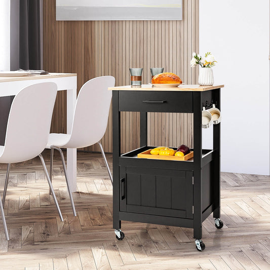 Rolling Kitchen Island Cart with Drawer Cabinet Shelf and Side Hooks - Black