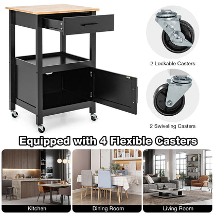 Rolling Kitchen Island Cart with Drawer Cabinet Shelf and Side Hooks - Black
