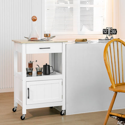 Rolling Kitchen Island Cart with Drawer Cabinet Shelf and Side Hooks - White
