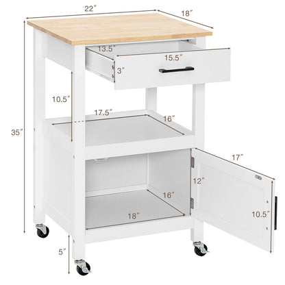 Rolling Kitchen Island Cart with Drawer Cabinet Shelf and Side Hooks - White