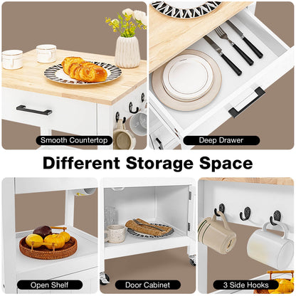 Rolling Kitchen Island Cart with Drawer Cabinet Shelf and Side Hooks - White