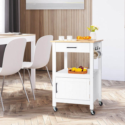 Rolling Kitchen Island Cart with Drawer Cabinet Shelf and Side Hooks - White