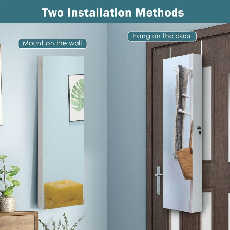 Frameless LED Mirror Jewelry Armoire with Lock, Wall or Door Mounted – White