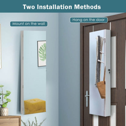Frameless LED Mirror Jewelry Armoire with Lock, Wall or Door Mounted – White
