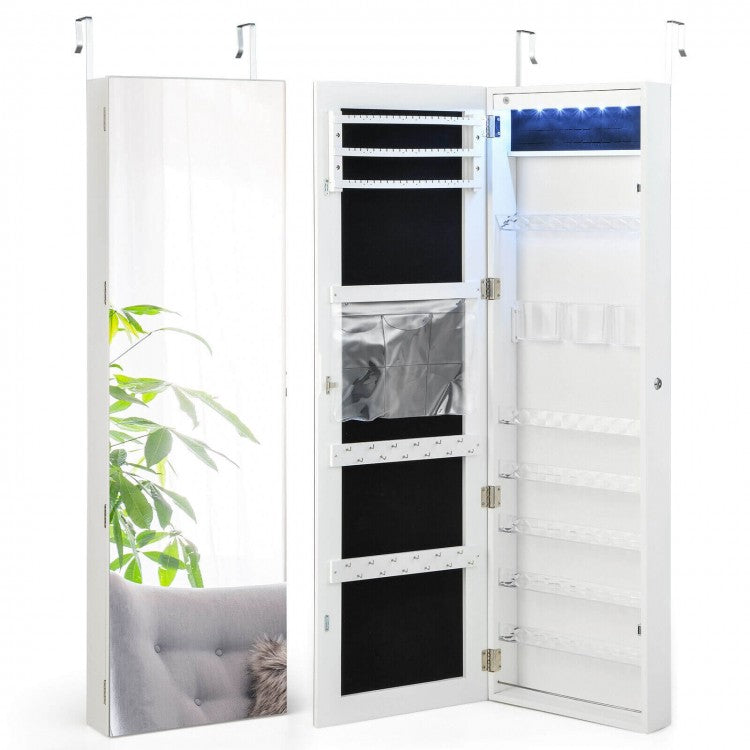 Frameless LED Mirror Jewelry Armoire with Lock, Wall or Door Mounted – White