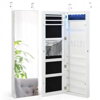 Frameless LED Mirror Jewelry Armoire with Lock, Wall or Door Mounted – White