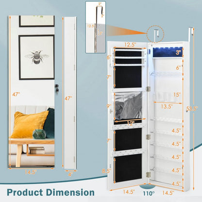 Frameless LED Mirror Jewelry Armoire with Lock, Wall or Door Mounted – White