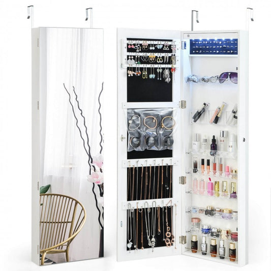 Frameless LED Mirror Jewelry Armoire with Lock, Wall or Door Mounted – White