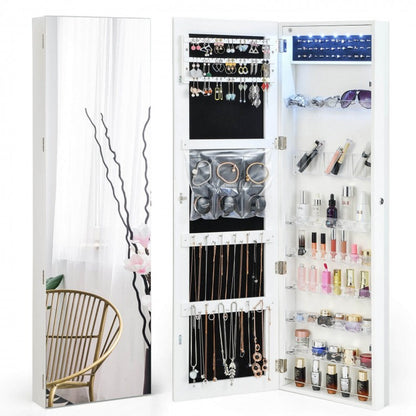 Frameless LED Mirror Jewelry Armoire with Lock, Wall or Door Mounted – White