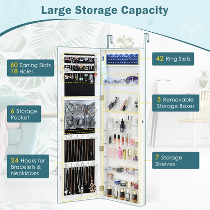 Frameless LED Mirror Jewelry Armoire with Lock, Wall or Door Mounted – White