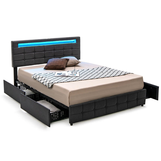 Modern Luxury Upholstered LED Bed Frame with Adjustable Headboard and 4 Storage Drawers - Queen Size