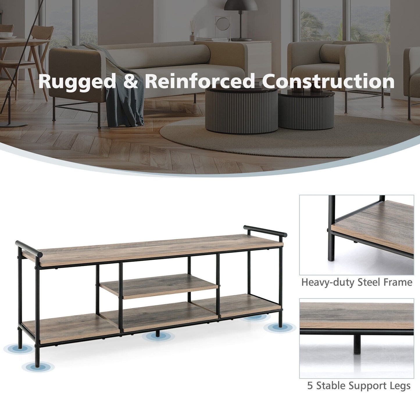 Industrial Style TV Stand with Storage Shelves for TVs up to 60 Inches