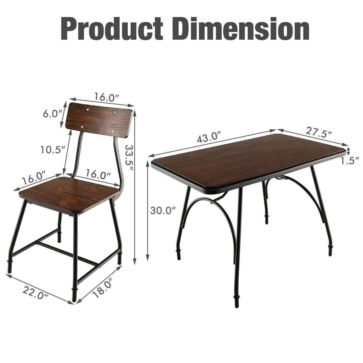 Modern 5 Piece Dining Set with Rectangular Wood Table and Metal Frame Chairs for Kitchen or Dining Room