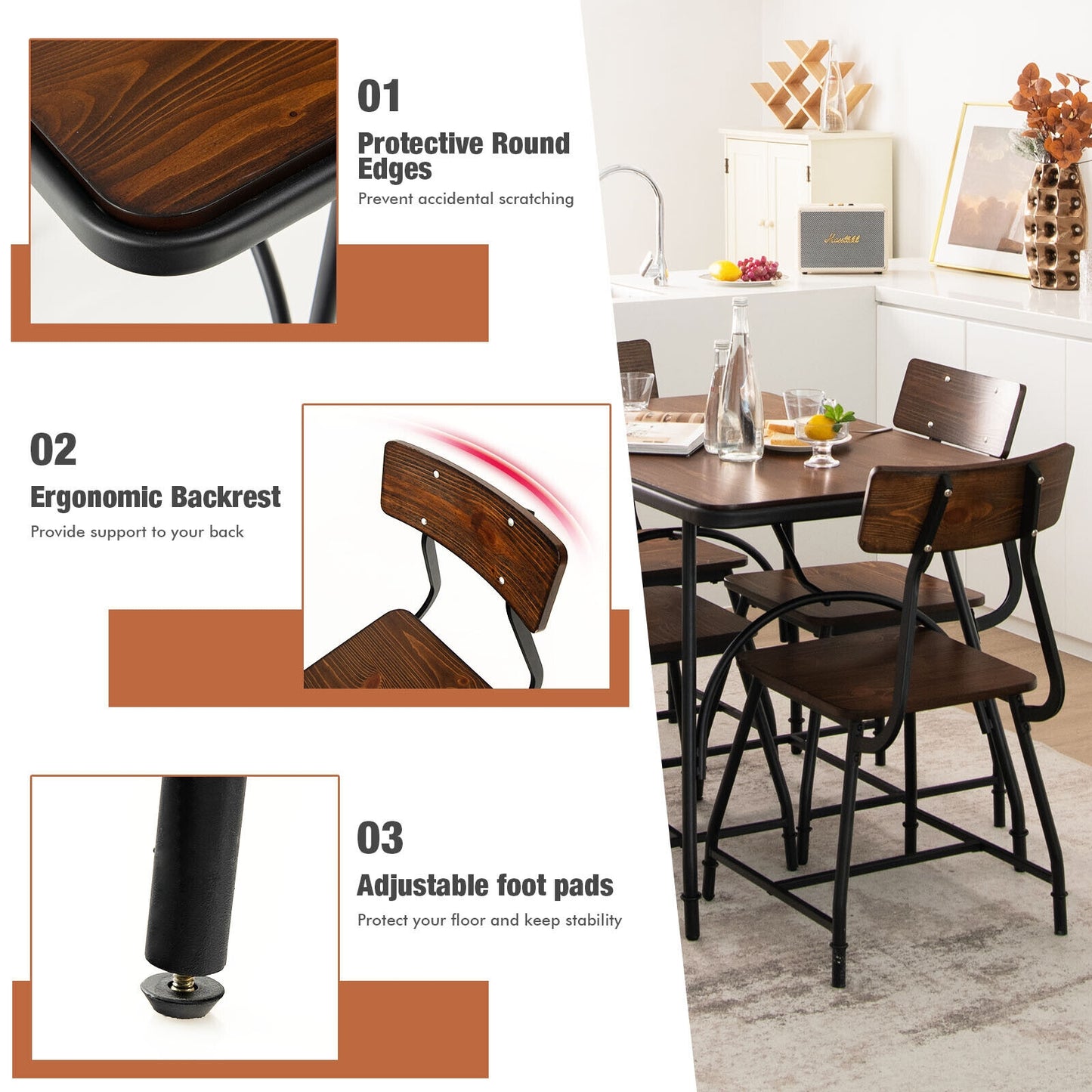 Modern 5 Piece Dining Set with Rectangular Wood Table and Metal Frame Chairs for Kitchen or Dining Room
