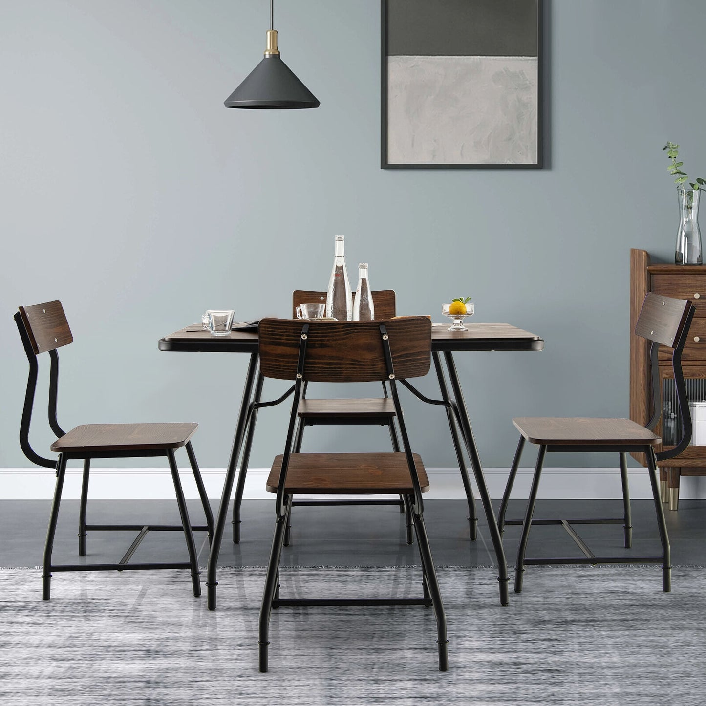 Modern 5 Piece Dining Set with Rectangular Wood Table and Metal Frame Chairs for Kitchen or Dining Room