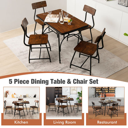 Modern 5 Piece Dining Set with Rectangular Wood Table and Metal Frame Chairs for Kitchen or Dining Room