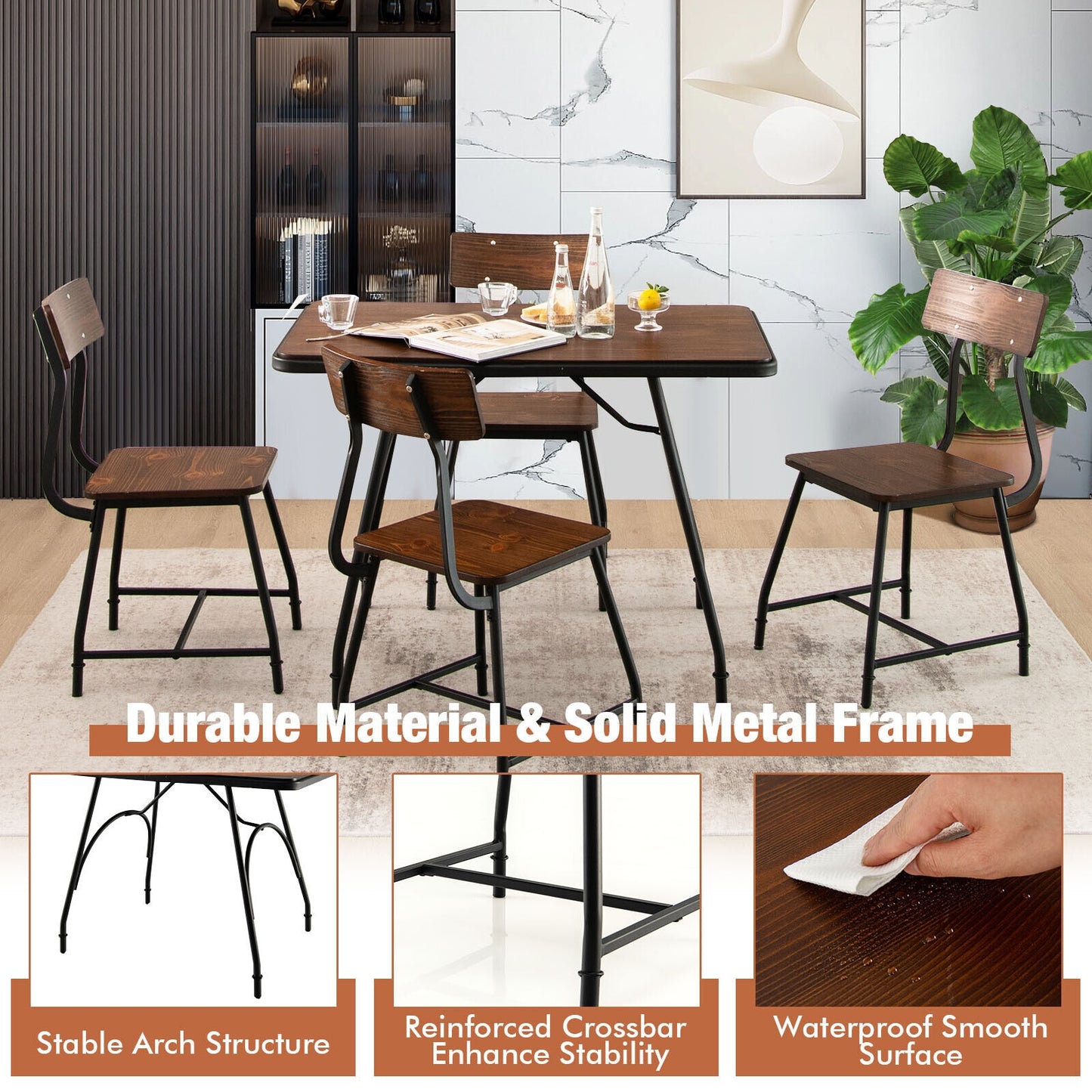 Modern 5 Piece Dining Set with Rectangular Wood Table and Metal Frame Chairs for Kitchen or Dining Room