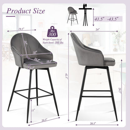 Set of 2 29.5 Inch Swivel Velvet Bar Stools with Metal Legs
