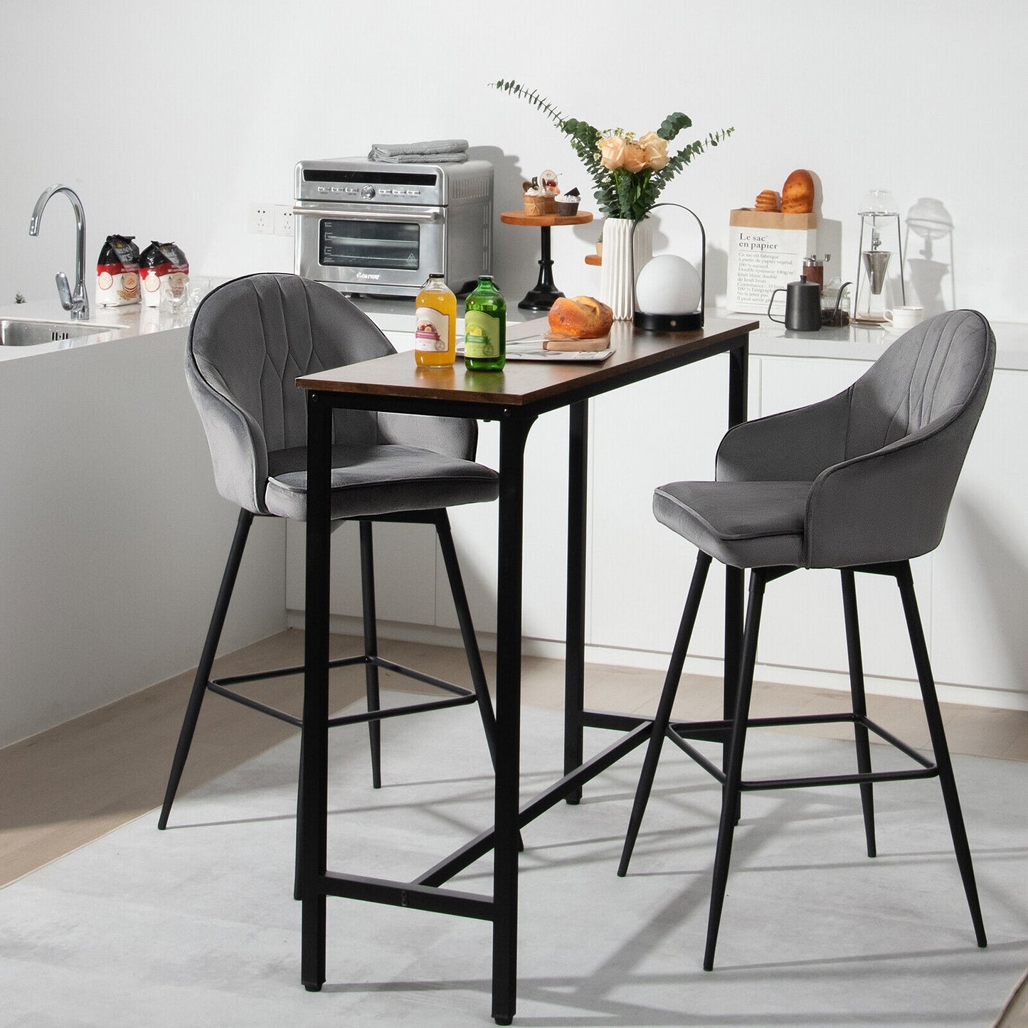 Set of 2 29.5 Inch Swivel Velvet Bar Stools with Metal Legs
