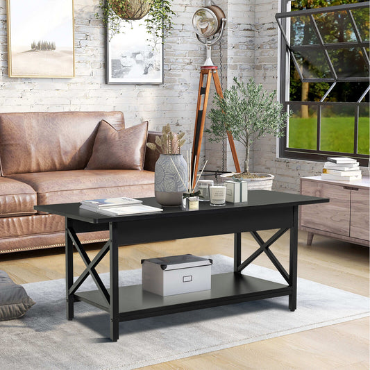 Modern Industrial Coffee Table with Storage Shelf and Steel Frame - Black